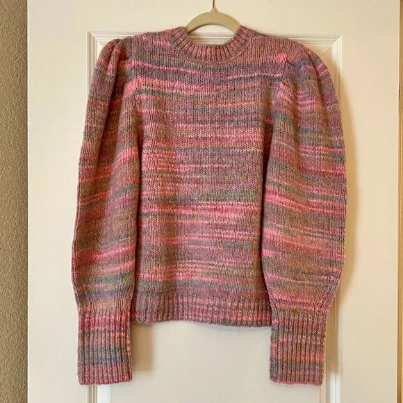 LoveShackFancy Pink Puff Shoulder Sleeve Crew Neck Sweater, NEW - Picture 2 of 3